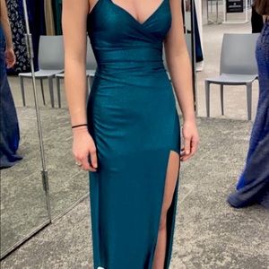 Green/Blue floor length Davids bridal wrap dress with slit. Size small.